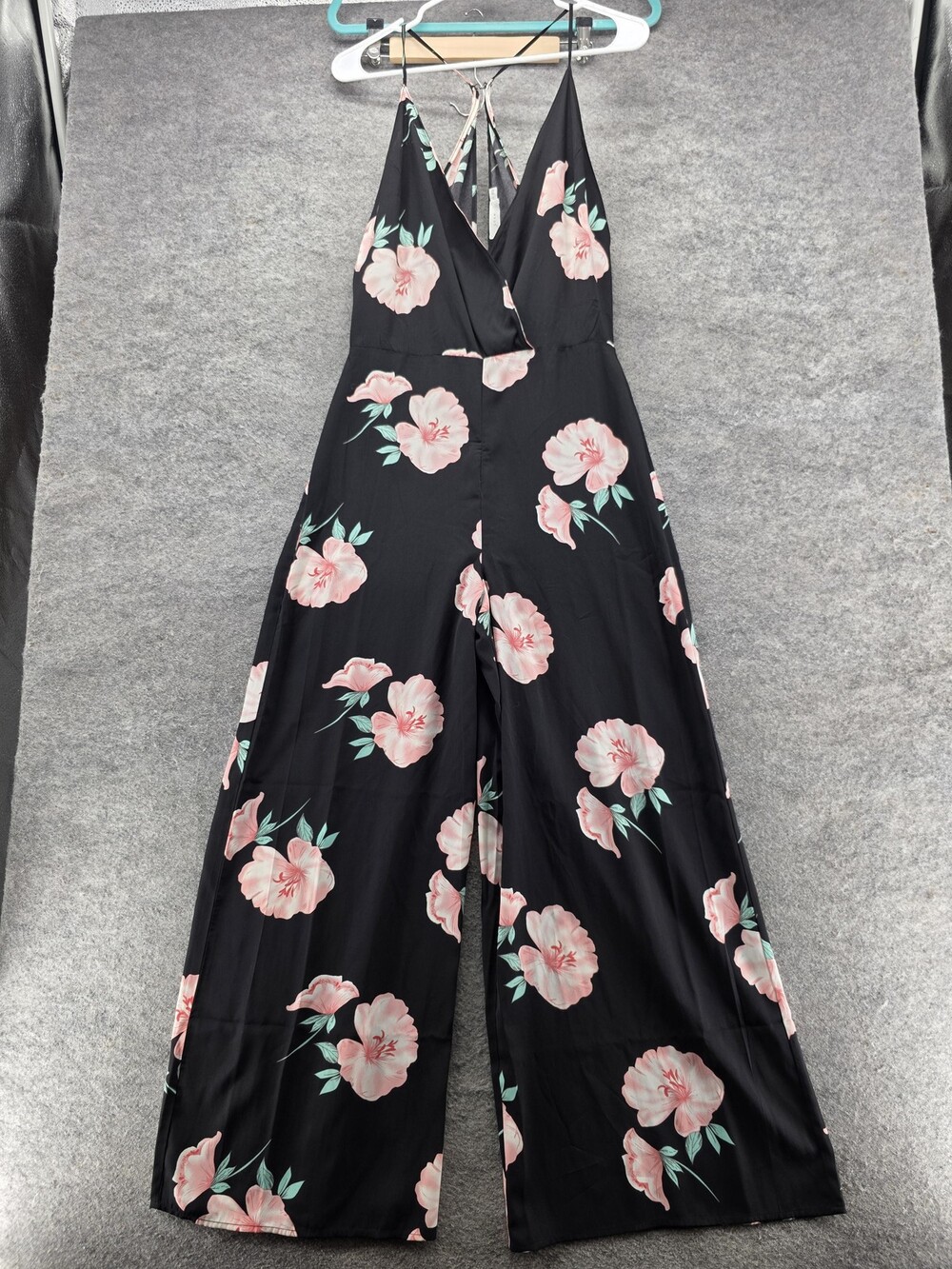 Lush Jumpsuit Womens Medium Black Pink Floral Wide Leg Strappy V Neck Tie Back